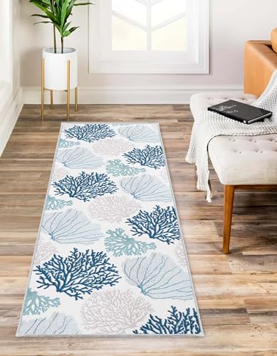 Coastal Runner Rug Beach Hallway Rugs Non-Slip Nautical Coral Machine Washable Rugs Modern Floor Carpet for Kitchen Bathroom Laundry Bedroom Living Room, 2x6 - Image 2