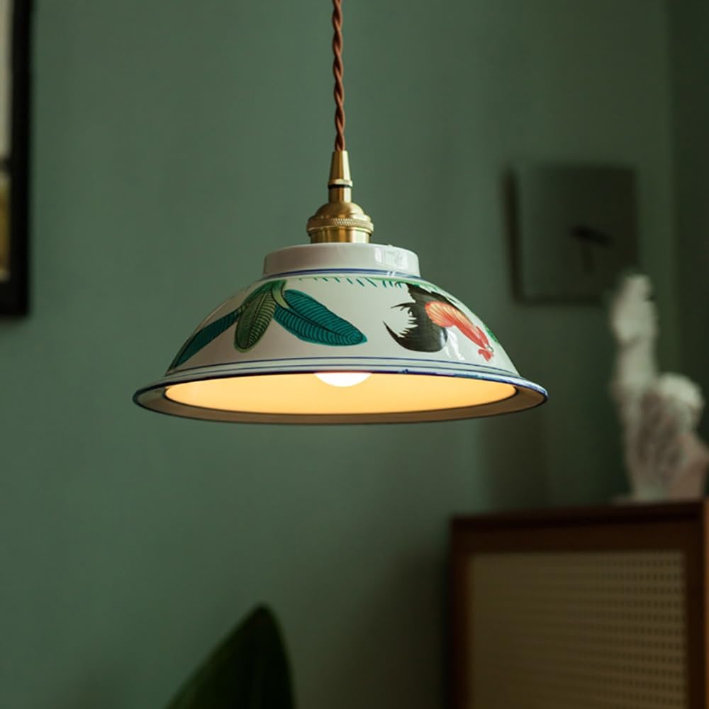 COSRUB Vintage Ceramic Pendant Light Fixtures, Hand Painted Floral Bird Hanging Lamp Rustic Bowl Porcelain Small Chandelier for Living Room Bedside Bar