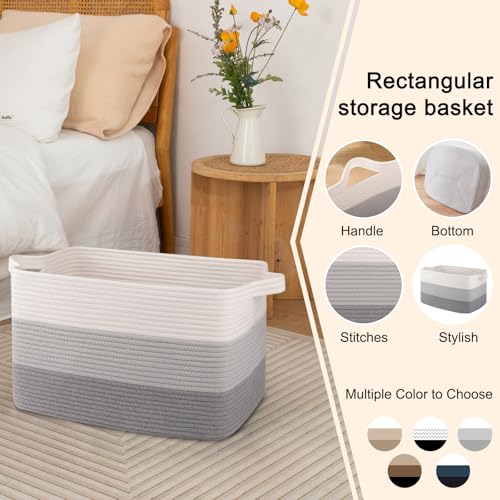 Image of OIAHOMY Cotton Rope Basket, Rectangle Woven Baskets for Storage, Nursery Blanket Storage Living Room, Toy Basket With Handle-17.7 inchx13.8 inchx11 inch-Gradient Grey