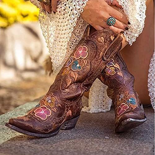 Bottes Cowboy Pour Femme En Cuir Synthétique - Talon Bas - Broderie Western - Antidérapantes - Toutes Saisons