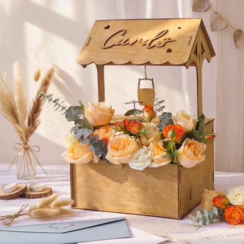 Image of OurWarm Wooden Wishing Well Wedding Card Box with Lock & Flower Trough, Brown Wedding Card Boxes for Reception, Rustic Box for Cards at a Party for Birthday Graduation Baby Shower Reception Decor