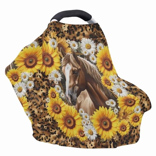 Image of ZFRXIGN Sunflower Horse Baby Car Seat Cover Girls Nursing Scarf Carseat Canopy Gifts Multi-Use Cover Ups for Stroller High Chair Shopping Cart Daisy Leopard Cheetah
