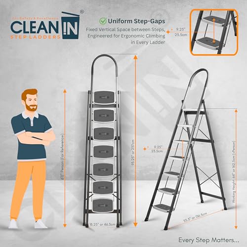 Image of CLEAN IN 7 Step Premium Foldable Household Steel Ladder ~ for Home, Garage, Kitchen. Wide & Anti-Skid Steps, 150 kg Load Capacity, Reinforced Hinges ~ (Shades of Grey)