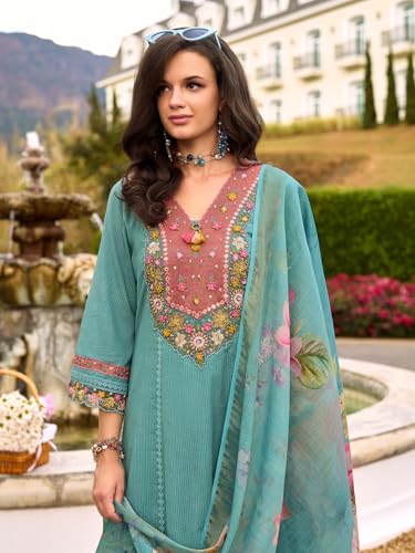 Image of INDO ERA Women's Anarkali Pure Cotton Floral Printed Embroidered Kurta & Pant with Dupatta Set (IEOUT10688)