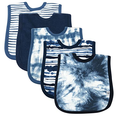 HonestBaby Multipack Reversible 4-in-1 Bibs Absorbent Terry and Knit 100% Organic Cotton Infant Baby Boys, Girls, Unisex, 5-Pack Tie Dye Blues, One Size