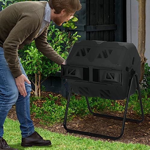 Compost Tumbler Outdoor,43 Gallon Composters Tumbling or Rotating Outdoor, Dual Chamber Compost Bins Outdoor, Tumbling Composter Bin with Sliding Doors for Kitchen Garden Patio,Black Door(Black)