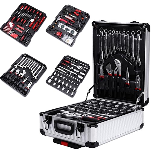 Toshionics Professional Tools Set 187 Pcs Mechanics Tool Kit with Sturdy Aluminum Trolley Wheel Case Auto Mechanics Wrench Ratchet Socket Kit Organizer Chest General Household and Auto Toolkit