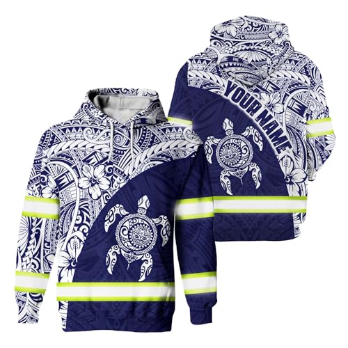 Matedecor High Visibility Hoodie Men Reflective Safety Hoodie Blue White Turtle Hawaiian Polynesian Tribal Custom Name Workwear For Worker, Runners, Walkers, Truckers