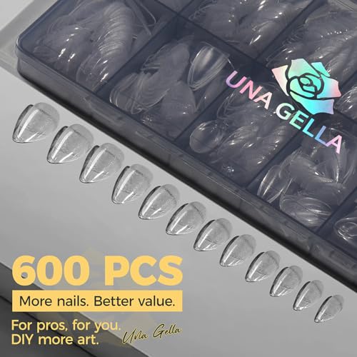 Image of UNA GELLA Short Almond Gel Nail Tips, 600 Pcs Pre-Filed Short Nail Tips Almond Shape Half Matte Press On Nails 12 Sizes Full Cover Clear Fake Nails for Extension Home DIY Salon with Box