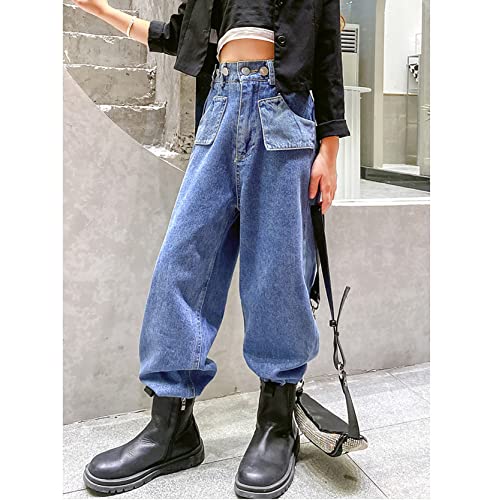 Kids Girls Vintage Denim Pants High Waist Loose Jeans Straight Leg Harem Pants Casual Baggy Trousers Streetwear3