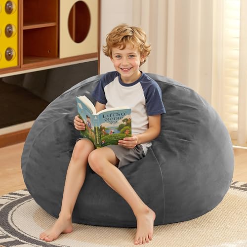 Image of HABUTWAY 2FT Bean Bag Chair, 2' Beanbags Small Bean Bag Chairs with Filling, Teardrop Bean Bag Chair Luxurious Velvet Ultra Soft Fur with Removable Cover (Grey)