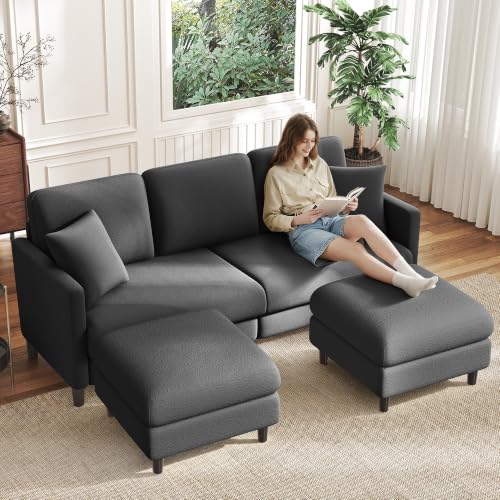 Image of Welzona 83 inch Couches for Living Room, Teddy Sofa Couch with Storage Ottomans, U Shaped Couch with Movable Ottomans, Tool-Free Modular Sectional Sofa, All-Wood Sofas for Living Room 2 Pillows, Grey