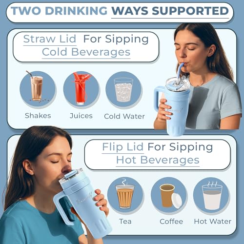 Image of Insulated Tumbler with Straw Lid and Handle (1200 ML) Double Wall Sipper Water Bottle for Adults, Tumbler Bottle with Straw (Arctic Blue, 1200 ML, with Bear Straw Coverr)