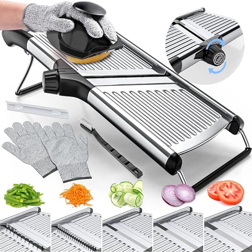 LCLALAY Adjustable Mandoline Food Slicer Mandoline Slicer for Kitchen Mandolin Potato Slicer Tomato Slicer Carrot Slicer Onion Slicer Stainless Steel Including One Pair Cut-Resistant Gloves