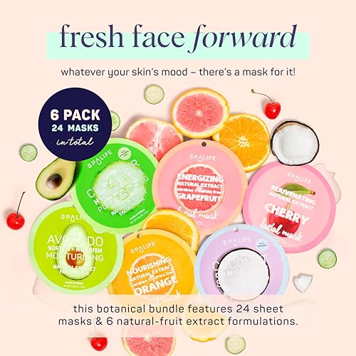 SpaLife Beauty Fruit Facial Sheet Masks 24 Pack – Face Masks Skincare Set – Hydrating Face Masks – 6 Natural Fruit Extract Formulas – Orange, Grapefruit, Coconut, Cherry, Avodcado, Cucumber - Image 3