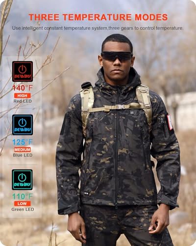 DEWBU Heated Jacket for Men with 12V Battery Pack Winter Outdoor Soft Shell Electric Heating Coat, Men's Black Camo, M