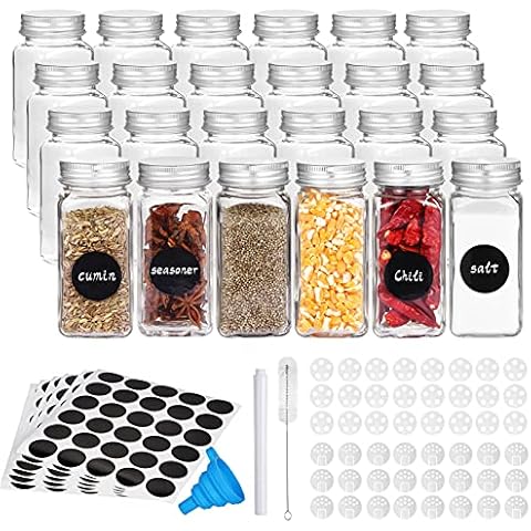 Cibeat 24 Pcs Glass Spice Jars with Spice Labels, 4oz Empty Square Spice Bottles - Shaker Lids and Airtight Metal Caps - Silicone Collapsible Funnel Cover