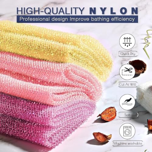 Image of UJFQBH 3 Piece Bright Style African exfoliating net Exfoliating Shower Set Long Bath Sponges for Smooth, Refreshed Skin, The Exterior Gleams - Ideal for Daily Use (Bright Yellow, Pink, Purple)