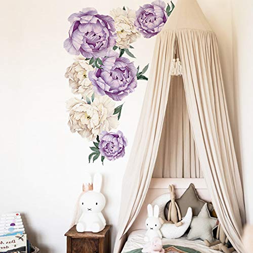 Purple Floral Bedroom Wall Decor, iinuu Elegant Peony Flowers Wall Decals for Living Room Nursery Wall Decorations Removable Wallpapers Delicate Murals Art Applique