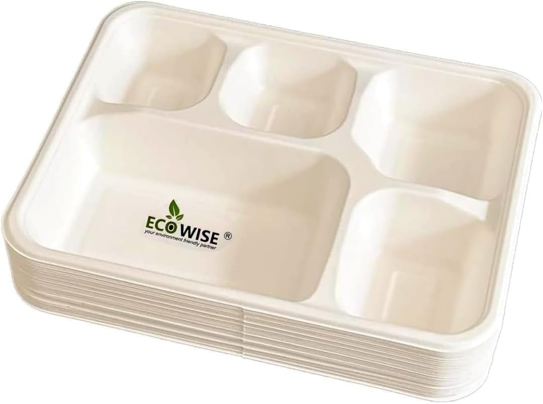 EcoWise 5 Compartment Dinner Plates – Pack of 50, Bagasse Sugarcane Paper Trays, Compostable & Biodegradable Meal Trays, Disposable Dinner Party Plates for Catering, BBQ, Picnic, Hot & Cold Food