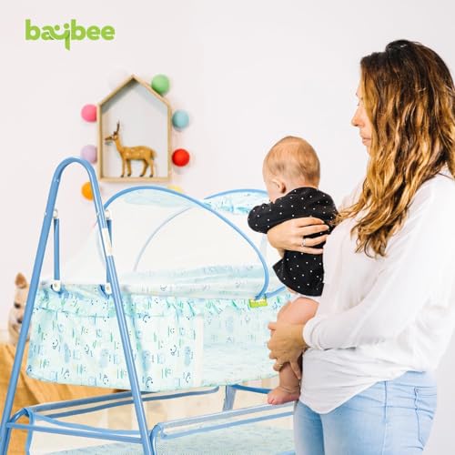 Image of BAYBEE Clora Baby Cradle and Swing with Mosquito Net | Jhula Palna for Newborns | 360 Rotating Lockable Wheels & Storage Basket | Light Blue