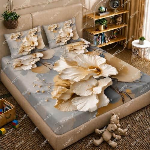 Image of RUMPS 3D Digital Printed Double Bedsheet Flat | Premium Knitted Cotton MicroFabric 90x100 Inch Bed Sheet with 2 Pillow Covers, Luxury Flower Printed Bedsheet (7d Digital White Flower)