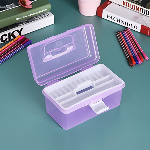 Image of Craft Storage Container with Handle 2 Layer Stack Carry Portable Plastic Bin Case Used for Organizing Stationery Sewing Jewelry Beauty Supplies (Purple)