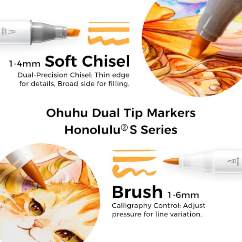 Image of Ohuhu Alcohol Markers 72 Colors Brush& Soft Chisel for Adult Cozy Coloring | Dual Tips Drawing Markers for Artists Beginners Illustration Sketching, AP Certified Refillable Alcohol-based, Honolulu 2S