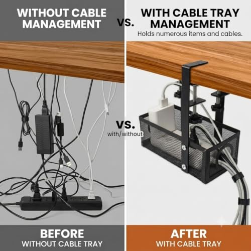 Image of Under Desk Cable Management Tray | No Drill Clamp-On Metal Mesh Wire Organizer for Office, Home, Gaming, Study Table | Power Strip Holder with Cable Ties & Clips | Black
