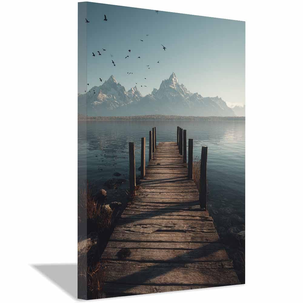 HUYEEI Landscape Wall Art Lakeside Bridge Modern Canvas Print On Artwork, Suitable for living room, bedroom, for Kids Room Decoretc.(blue)-70x100cm Framed