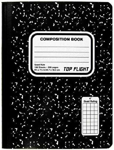 Top Flight Sewn Marble Composition Book, Black White, Quad Rule, 4 Squares per Inch, 9.75 x 7.5 Inches, 100 Sheets (41320)
