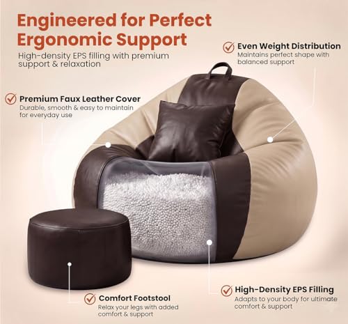 Image of Sattva Classic 3XL Bean Bag Chair with Beans Filled | Faux Leather Sofa Style Beanbag for Adults | Includes Footstool & Cushion | Comfortable Bin Bags Sofa & Beam Bag Seating for Home | Brown & Cream