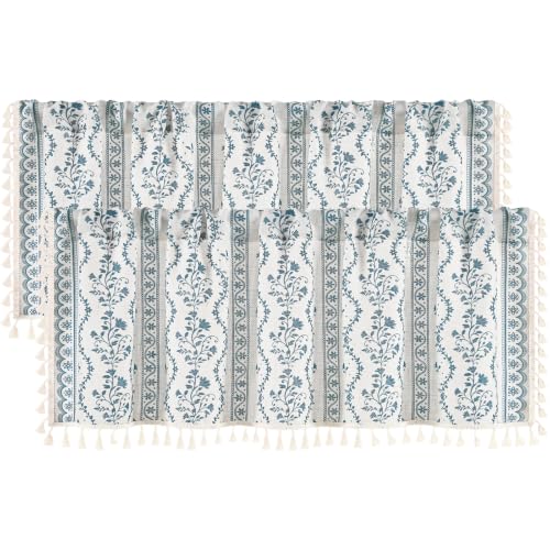 Image of Yinhua 2 Pack Boho Valance Curtains Vintage Linen Kitchen Valances for Windows Light Filtering Bohemian Floral Valance Rod Pocket Tassel Window Valances for Bathroom Cafe, 52 inch W X 18 inch L, White Blue