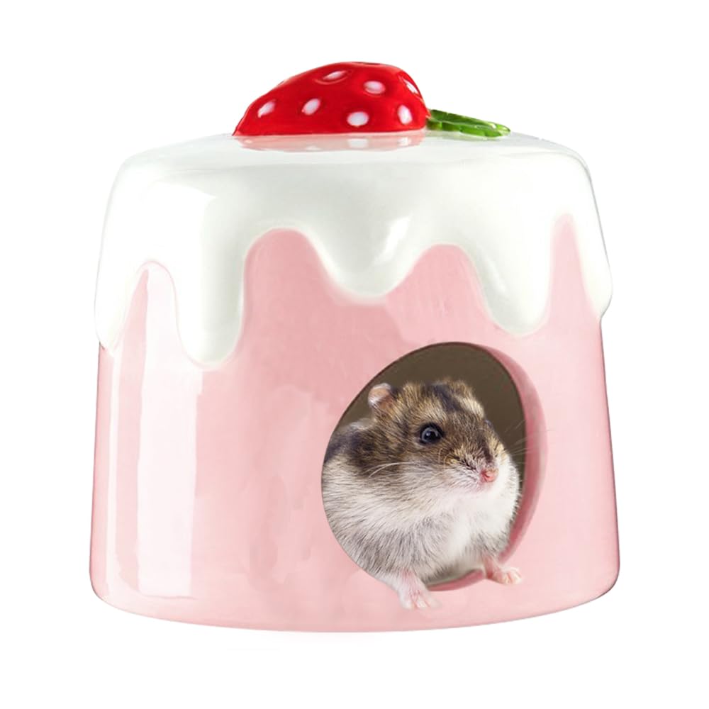 NeoStyle Extra Large Ceramic Hamster Hideout, Summer Cooling Habitat Cold Bed, Anti-Bite Hideaway House Cave for Mice (Pink Cake)