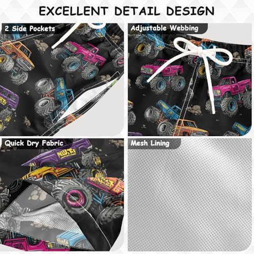 Pigsaly Colorful Monster Trucks Boys Swim Trunks Yellow Blue Red Machinery Car Toddler Beach Board Shorts Summer Bathing Suit 3T3