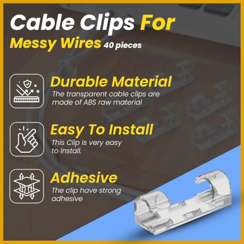 Image of Cable Clips for Wire Management on Wall | Self-Adhesive Wire Organizer Clips for Wall Desk Office Home | Heavy Duty Cable Clips for Laptop Computer (Transparent-40 Pcs)