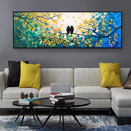 Peinture sur toile oiseau et arbre coloré 50x150cm pour salon