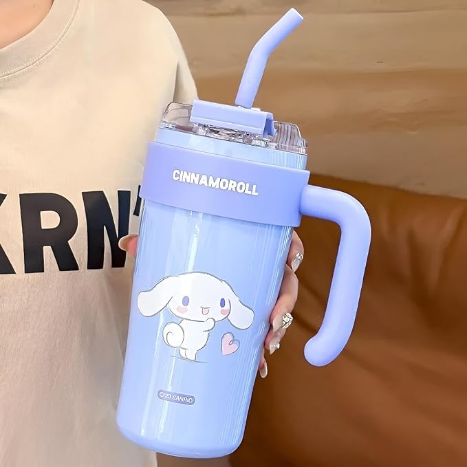 Image of Cute Cartoon Straw Tumbler 860ml with Handle | Doublewall-Reusable Sipper Cup with Lid for Kids & Teens | Lightweight Drinking Mug for Water, Juice & Milk (Blue)