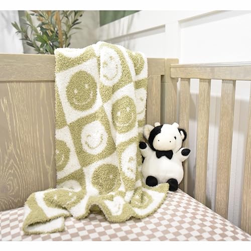 Image of L+L USA Checkered Smiley Face Baby Blanket 28 inchx40 inch - DreamSoft Knit Throw for Crib, Stroller or Car Seat Blanket /Newborn Nursery Gift Essential Toddler, Infant, Kids Boys & Girls (Sage Green /White)