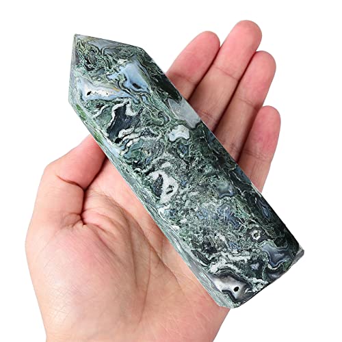 AMOYSTONE Large Healing Crystal Obelisk Towers Moss Agate Point Wand Home Decor Reiki Healing 0.6-1.1 LBS