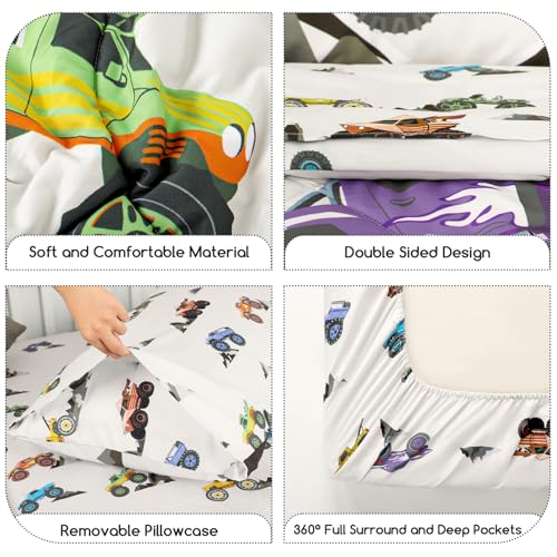 Image of 4 Piece Toddler Bedding Set, Ultra Soft and Breathable Cartoon Car Toddler Comforter Sets for Boys Includes Quilted Comforter, Fitted Sheet, Flat Sheet and Pillowcase