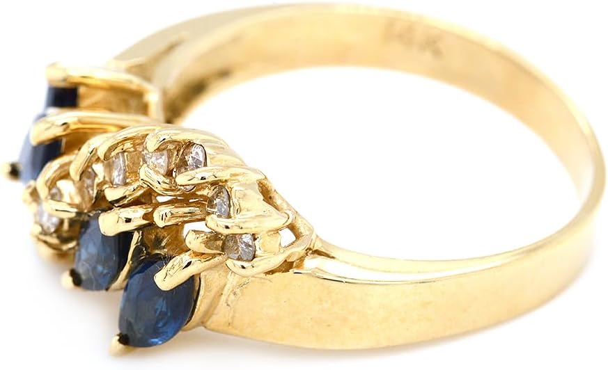 14K Yellow Gold Ring with Marquise Blue Sapphires and Round Brilliant Diamonds, 0.50ct Sapphire 0.30ct Diamond