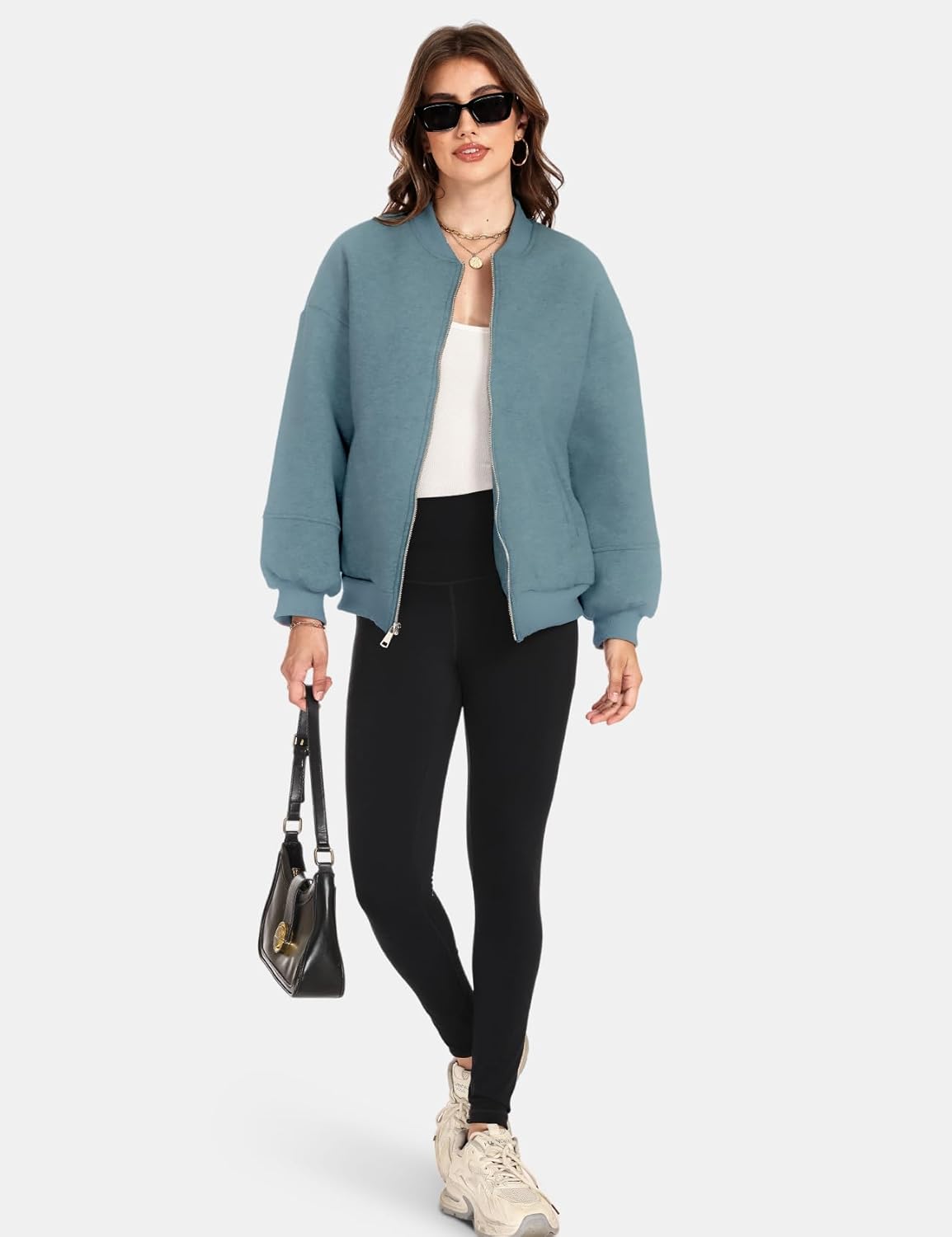 Wyeysyt Oversized Sweatshirt for Women Zip Up Fleece Bomber Jacket Casual Lantern Sleeve Sweatshirt - Image 6