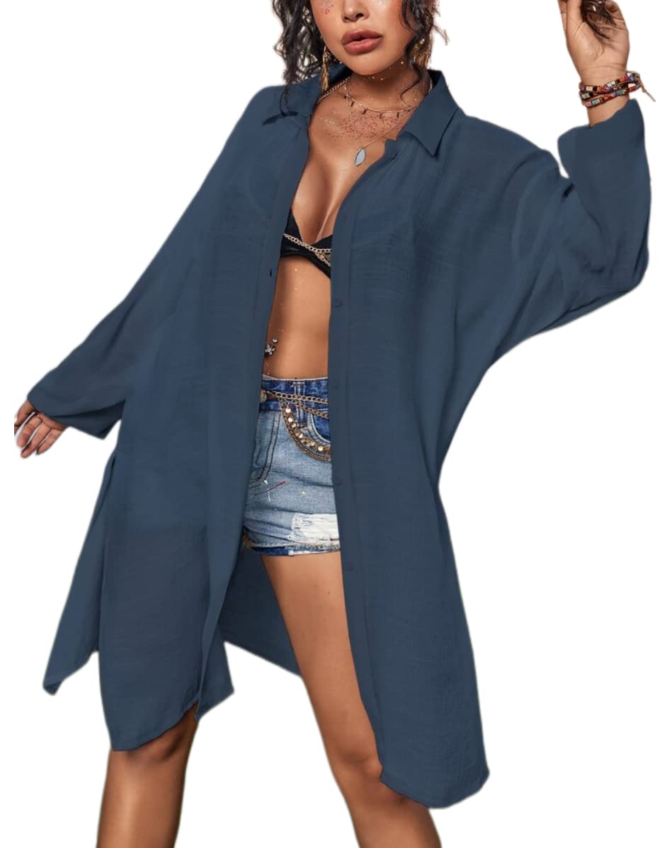 Plain Sheer Split Kimono Oversized Beach Cover Ups Button Front Shirt Swimsuit Cover Up Dress