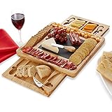 Casafield Organic Bamboo Cheese Board and Knife Gift Set with Removable Slate Cheese Plate - Charcuterie Platter Wooden Serving Tray with Hidden Snack Drawers, and 4 Stainless Steel Knives