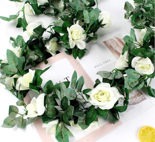 Image of VRB Dec 1 Pcs Artificial Flower Vine Garlands Hanging Artificial Flowers for Decoration Small Peony Roses Garland (6 ft Long) Flowers Silk Peony Roses for Diwali /Ganpati /Christmas. (White)