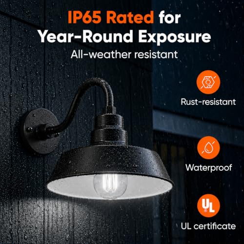 Image of 14in. Satin Black Outdoor Gooseneck Barn Light Fixture with 10in. Long Extension Arm - Wall Sconce Farmhouse, Vintage, Antique Style - UL Listed - 9W 900lm A19 LED Bulb (5000K Cool White)