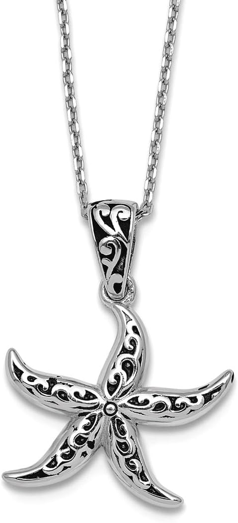 JewelryWeb 925 Sterling Silver Rhodium Plated Polished Oxidized Filigree Sea shell Nautical Starfish Necklace 18 Inch Pendant Necklace for Women