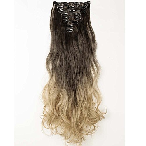[clear on sale] S-noilite Full Head Clip in Hair Extensions Diy Dye Ombre 2 Tones 8 Pcs 18 clips (24" curly, Dark Brown to Ash Blonde) [last 19 pcs]