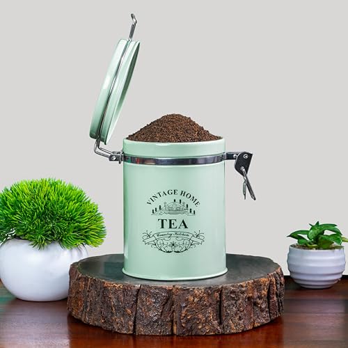Image of Metallure Home Clip-Lock Round Classic Tea Sugar Container Set of 2 | Metal Container for Kitchen Storage | Airtight Jar Set | Food-Safe Tea Jars for Kitchen (Light Green)